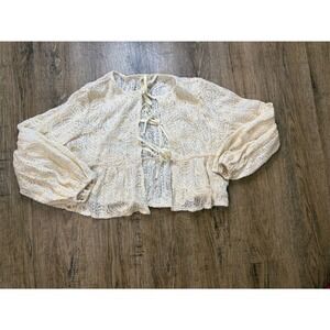 Cream Floral Lace Tie Front Shrug Cardigan Puff Sleeve Cropped Boho Top